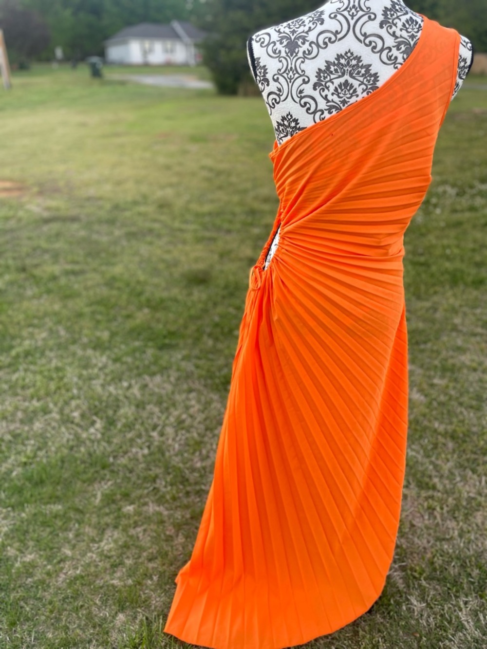 Pleated One-Shoulder Evening Gown in Vibrant Orange